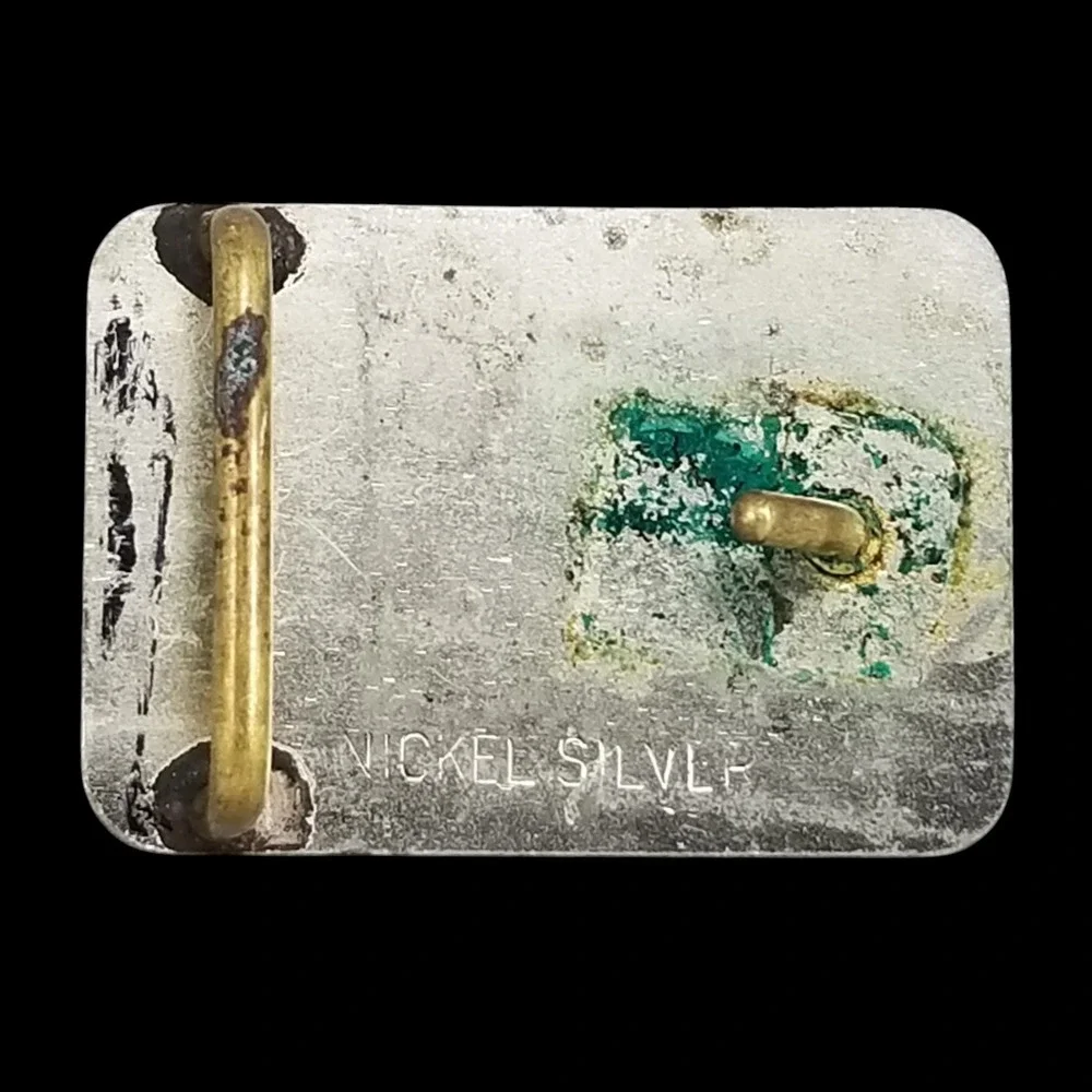 Vintage Nickel Silver Western Belt Buckle Galloping Horse Floral Engraved Small‎